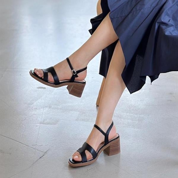 女性 本革 ウェーブカット スリング サンダル ミドルヒール