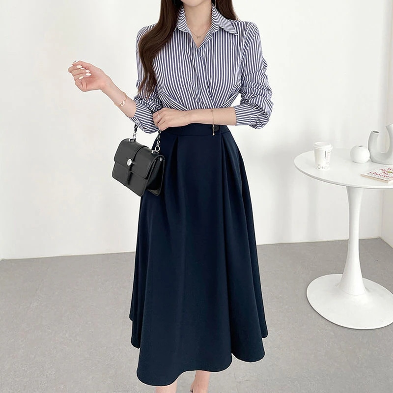 人气新作 シャツワンピース韓国ファッション レディース おしゃれ かわいい カジュアル お OL 通勤 気質ラペルスプライシングフェイク2ピース長袖ドレス女性 46aa4821