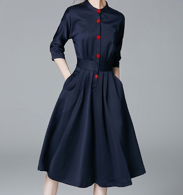 シャツワンピース ノーカラー ウエストマーク カジュアル 七分丈 無地 ミディアム パーティースタイル ホームパーティーアイテム ハイネック オフィススタイル シャツワンピース エレガントスタイル