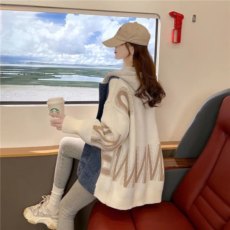 2025 新作 秋 ニット 切り替え デニムジャケット トレンチコート 長袖 防寒 セミロング丈 パーカー 保温 アウター スウェット ジャンパー チェスターコート コート