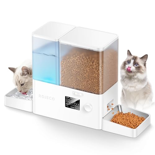 自動給餌器 猫 給水器一体化 餌やり機5L大容量 + 給水器 3.5L 餌詰まり防止 透明タンク 多頭飼いに向け2WAY給電 手動給餌 餌やり機 ステンレス皿 操作簡単 1日6食