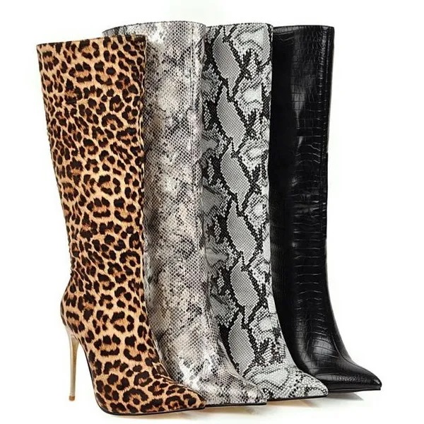 Boots Stiletto High Heel Shoes Fashion Knee High Boots Women Tall Boots Spring Autumn Winter Leopard