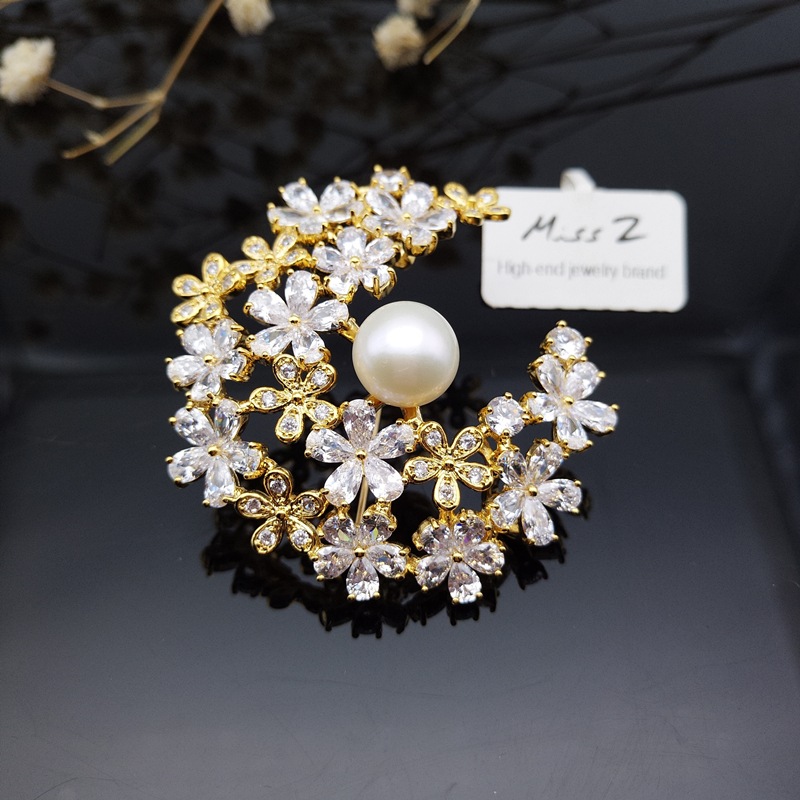 Miss Z/花涧月ブローチ/淡水パール10mm/水晶/宝石/XH1015