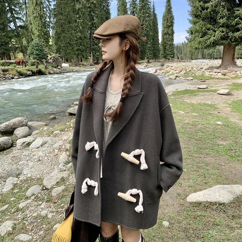 韓国製両面ツイード・ウール・コート 2024 新しい雰囲気 ルーズな感じの薄手ツイード・ジャケット