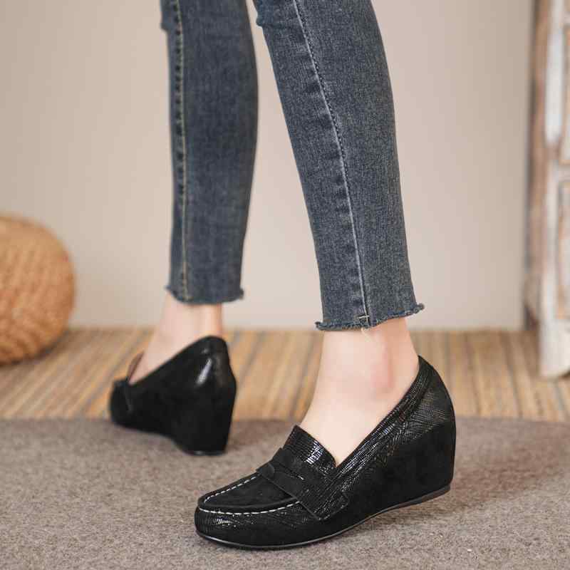 営业促进 ローファー ウェッジソール モカシン 個性的 かっこいい パンプス 韓国系 黒 ブラック シルバー メタリック 艶感 本革 ウエッジ スリッポン 高級感 クール 通学 通勤 パーティー 脚長