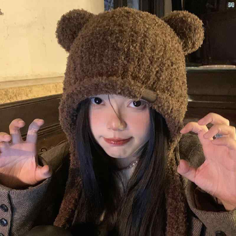 レディースファッション　ファッション小物　オシャレ クマ 耳 帽子 冬 韓国 かわいい プロテクター ニット 顔 見せ 小柄 暖かい ウール