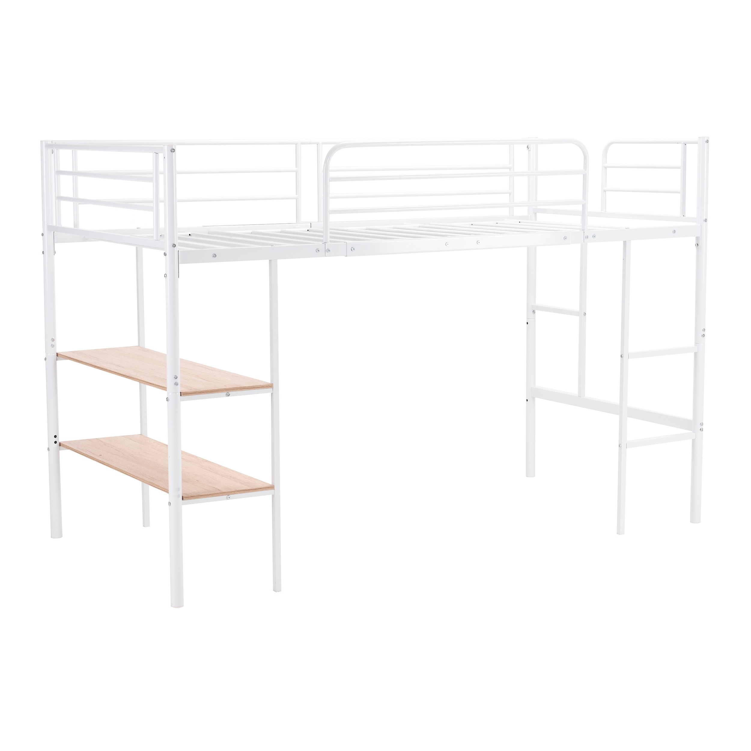 【2点購入で150OFF】【新品】　ホワイト ロフトベッド パイプベッド シングルベッド 収納棚付く ロータイプ ロフトベッドロータイプ 木 収納 北欧風 おしゃれ 子供部屋 スチール 耐震