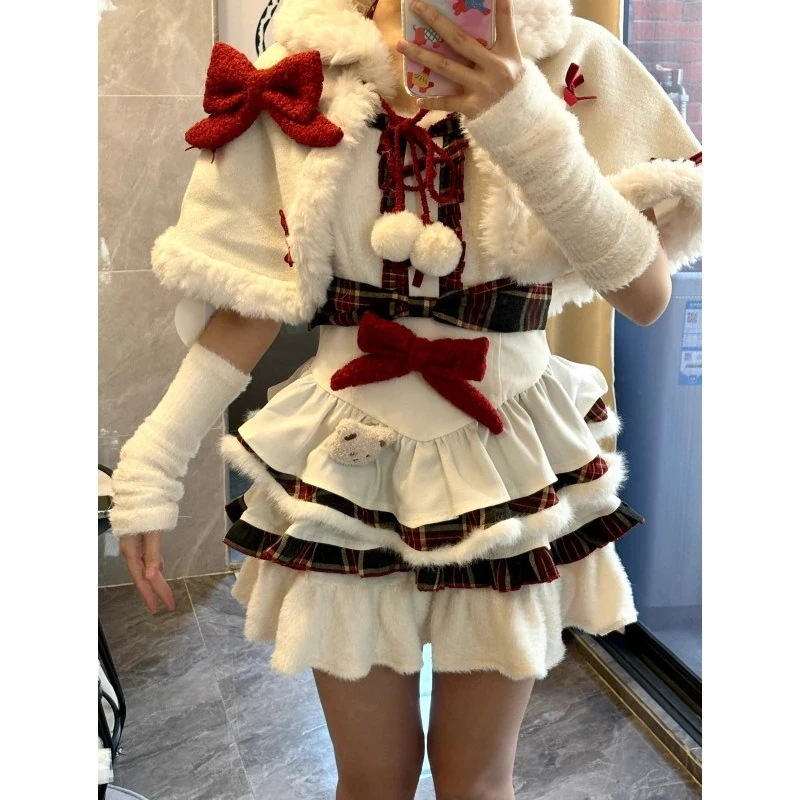 【急速出荷!】ロリータドレスクリスマスのかわいい女の子甘い老化弓マントジャケットスリーブセット衝突色スプライシングホルターチュチュスカートスーツ