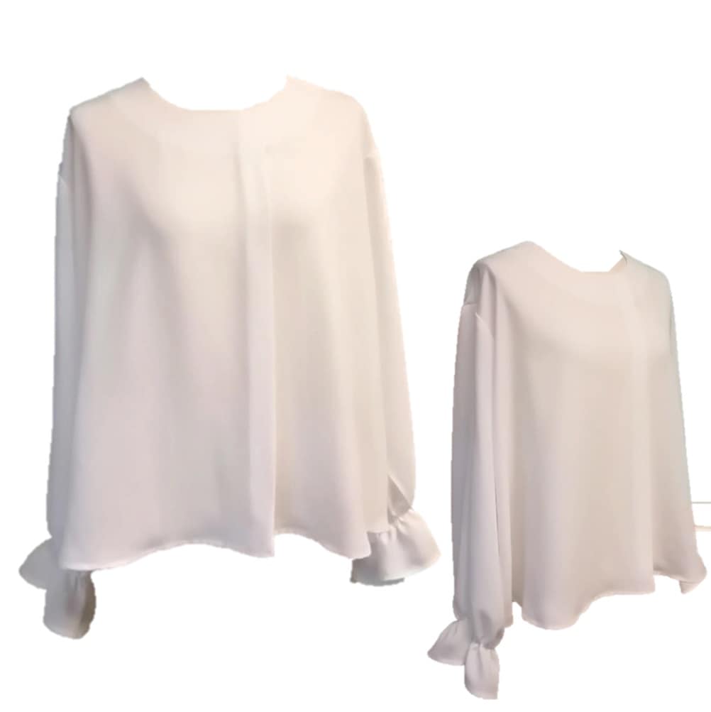 「洗練 大人可愛い」アシメタック パフスリーブ ブラウス 白S~3L 楽ちん 華奢見え フォーマル145300-10