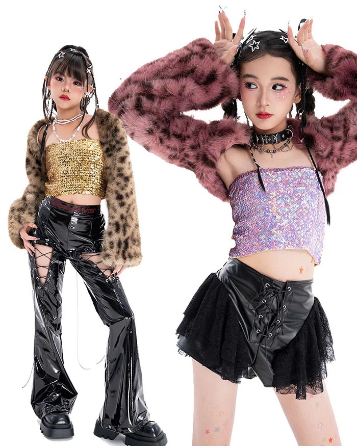 キッズ 子供用 ダンス 衣装 セットアップ 豹柄ファージャケット パンツスカート スパンコール ヒップホップ ジャズ ダンス衣装 光沢感 ダンス衣装 女の子 おしゃれ ダンス 服 発表会 HI推奨