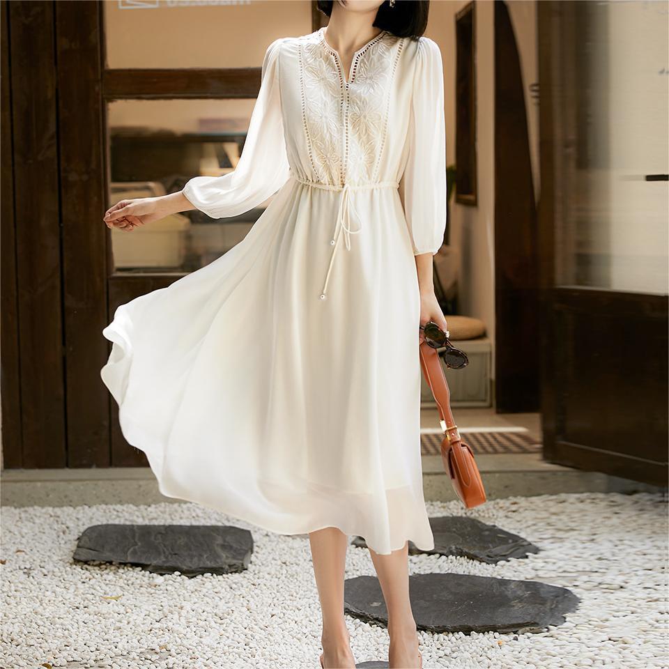 韓国ファッショ便利！2wayワンピースシフォンワンピース2024作長袖百掛けワンピースシフォン刺繍着痩せンワンピース愛されドッキングワンピース 4,962円