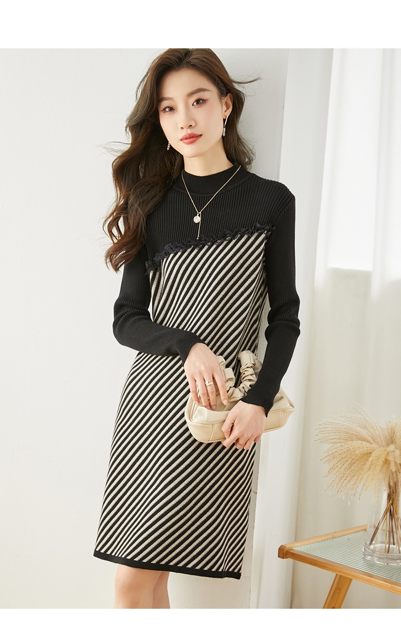冬 エレガント フレンチ レース モザイク セーター ドレス スストライプ カラーマッチング ニット ドレス 女性 アプリコット ブラック S M L XL ワンピース 膝上 袖あり かわいい