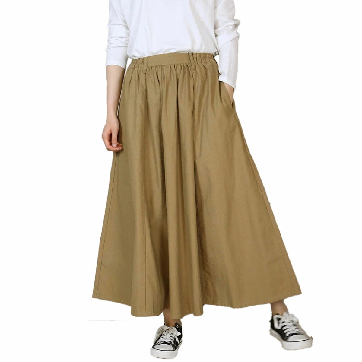 ギャザースカート マキシ 大きいサイズ コットン 綿 ゆれる旬顔コットンマキシギャザースカート ロング ロング丈 マキシ丈 ゆったり 春 夏 秋 サイドポケット付き ウエストゴム Aライン フレア