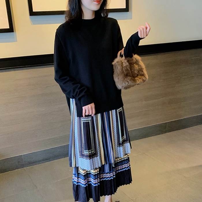 ドッキング ワンピース レディース ロング丈 ニット 無地 ストライプ プリーツ ドット 水玉 長袖 ワンピ ドレス カジュアル 大人 ママ コーデ 襟なし ラウンドネック 切替 フェイクツーピース 7,880円