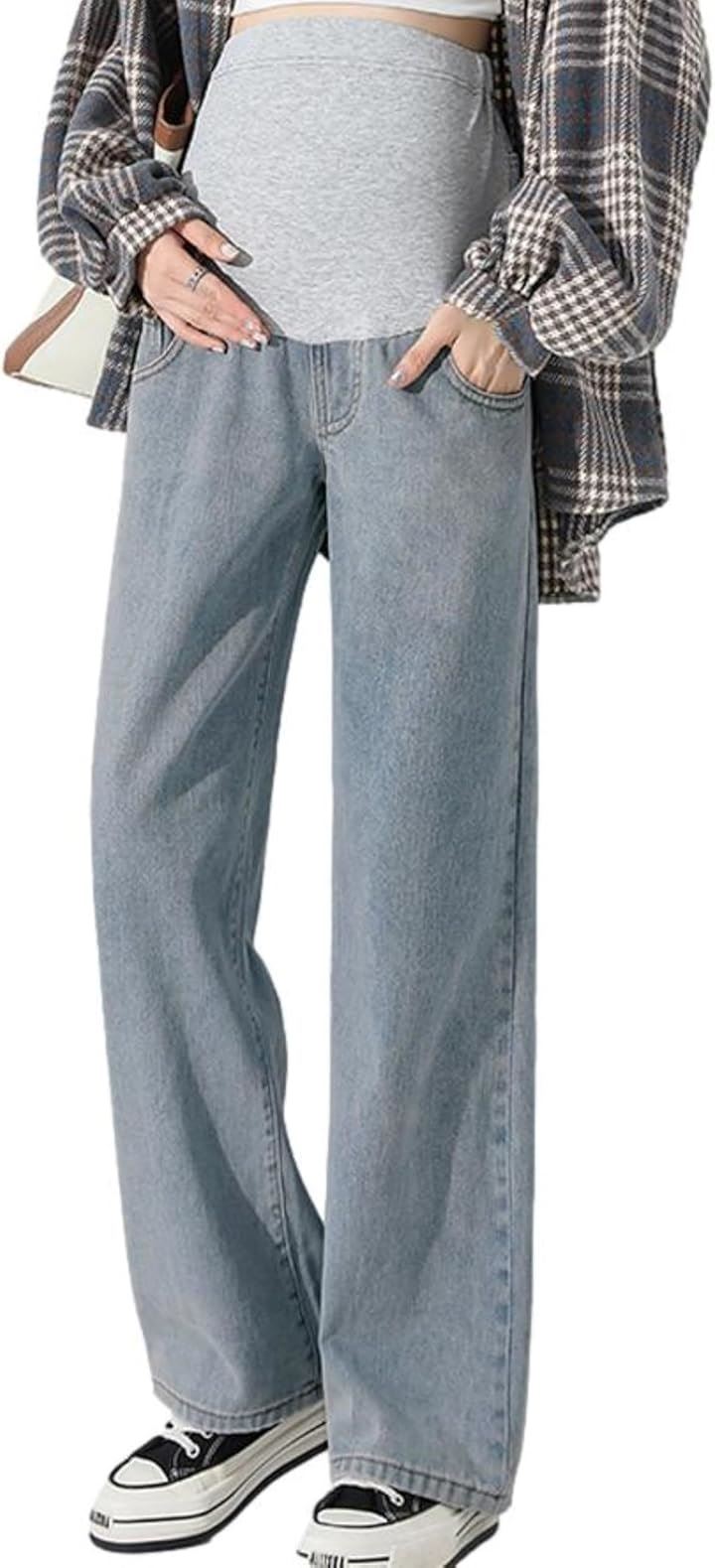 マタニティ ストレートデニム レディース パンツ 産後 ゆったり ウエストゴム アジャスター付き シワなし マタニティパンツ ビッグ 動きやすい ダボっと(ライトブルー, 2XL)