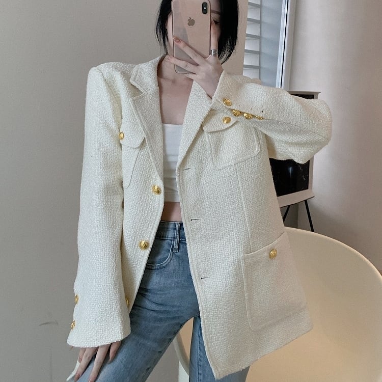 アウター ジャケット ツイードジャケット 襟付き シングルブレスト ボタン ポケット 長袖
