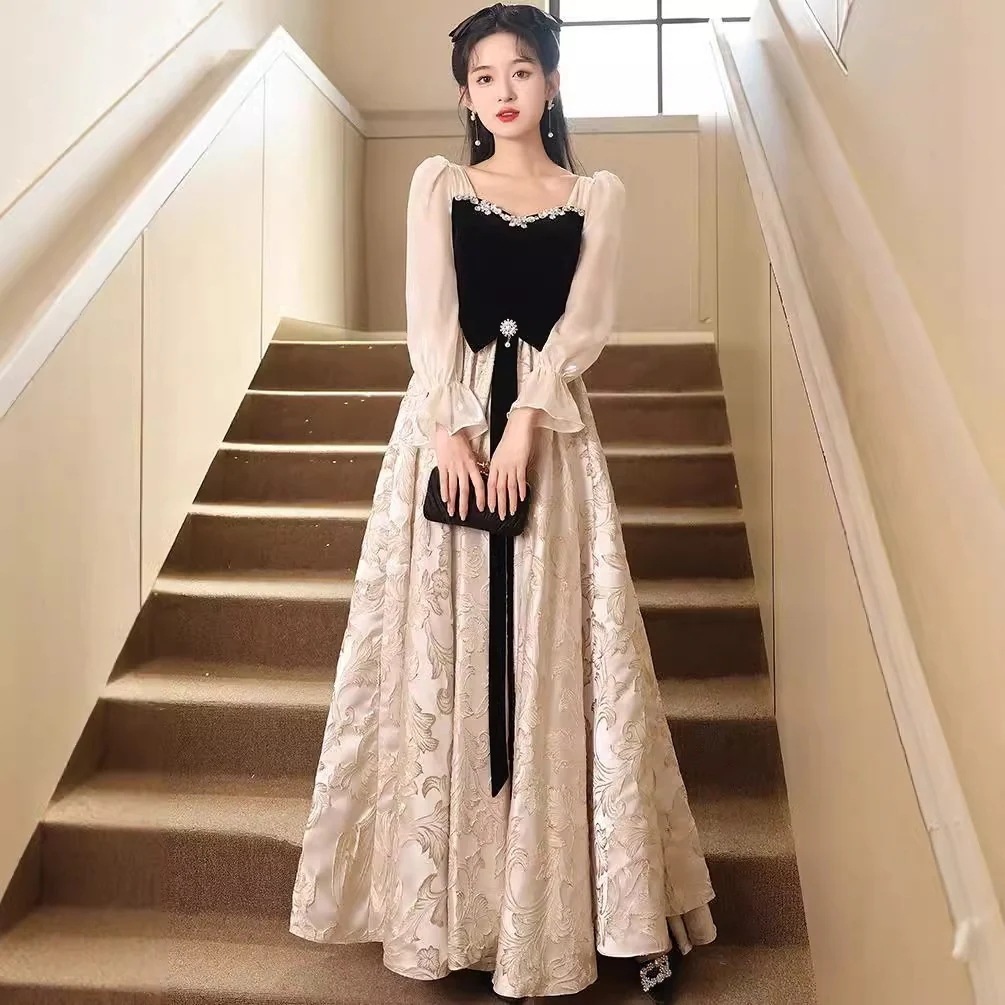 【急速出荷!】【Q10限定韓国ワンピース ドレス】 パーティードレス 誕生日 演奏会 花嫁 司会 長袖イブニングドレス女2025新宴会気質ロングドレスワンピース