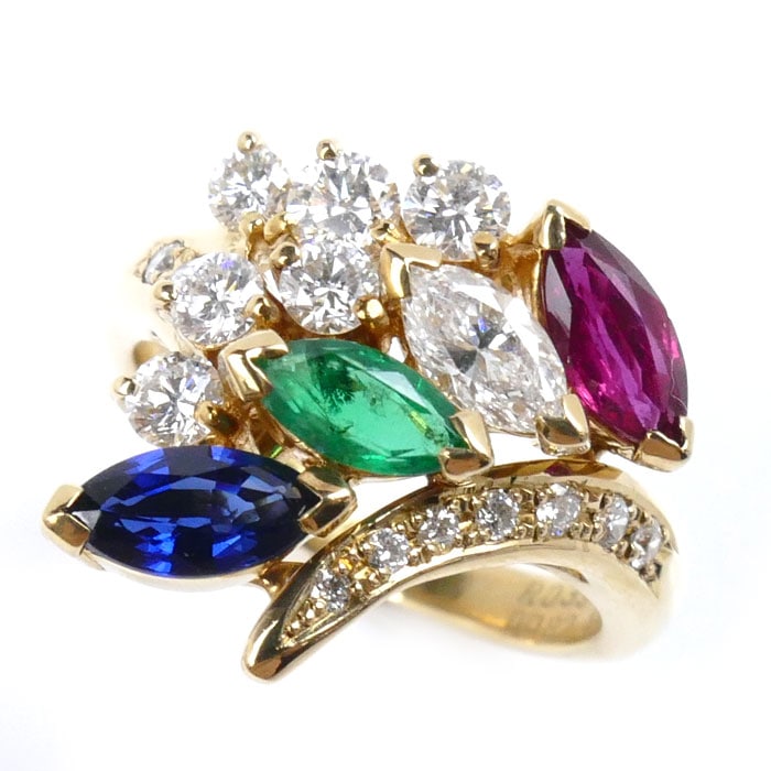 SUWA K18YG イエローゴールド リング・指輪 ルビー0.39ct ダイヤモンド0.82ct エメラルド0.27ct 9号 6.1g サファイア0.46ct レディース 中古