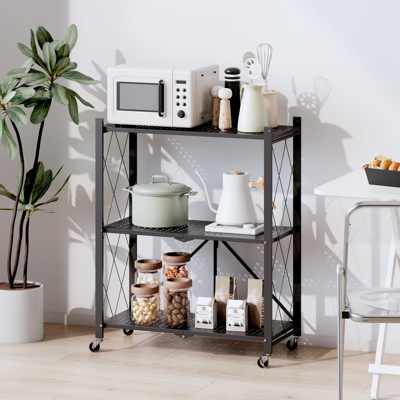 全国送料無料 ANDWINT スチールラック メタルラック 幅70 ブラック 3段 完成品 棚 キャスター付き 折り畳み キッチン 収納 レンジ コンパクト