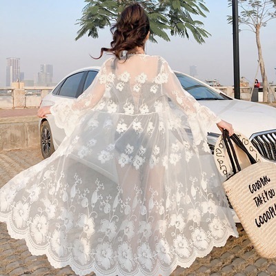 トップス カーディガン スキッパー 羽織 ミモレ ロング 長袖 前開き セミフレア ストレート レース 刺繍 リボン かわいい 大人可愛い きれいめ シンプル 花柄 夏 リゾート 海 プール