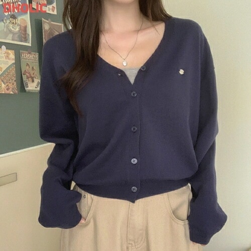 ボタンVネッククロップドルーズ長袖ペンダントカーディガン・1933318