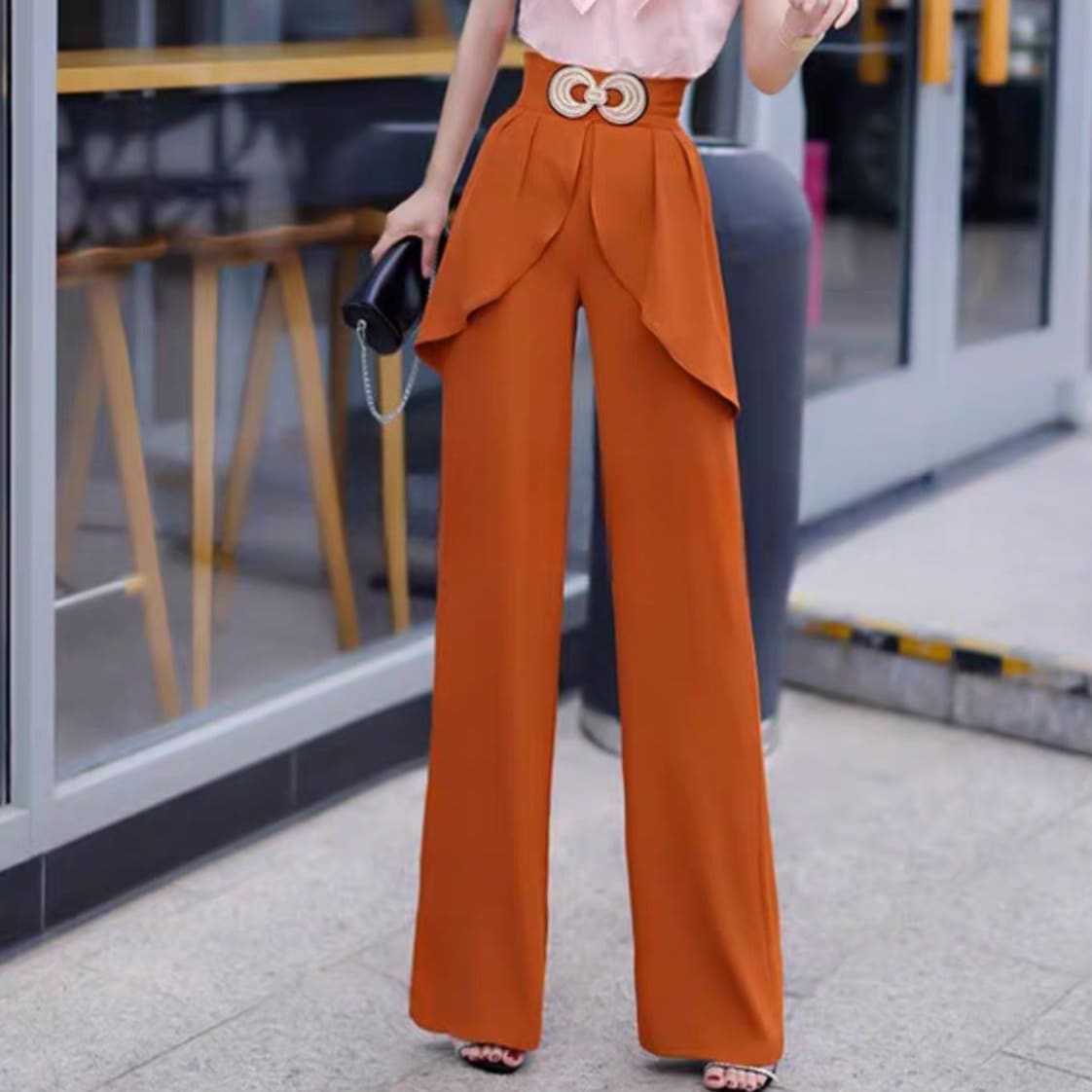 レディース パンツ ボトムス ストレートパンツ ロングパンツ フルレングス 切り替え ドッキング ドレープ フェミニン ハイウエスト ボタン ヴィンテージ きれいめ 上品 おしゃれ かっこいい レトロ