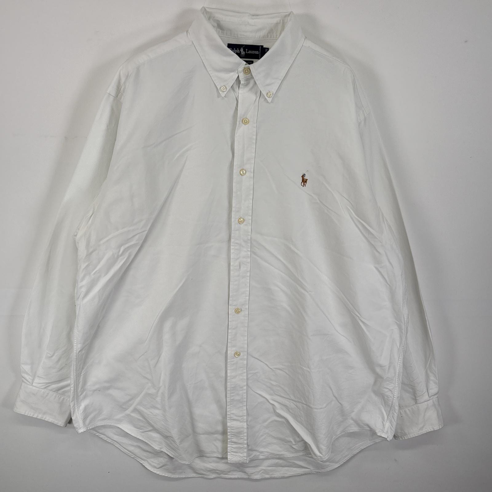 古着 長袖シャツ ボタンダウンシャツ ワンポイント ロゴ 刺繍 大きいサイズ 17-35 XL ホワイト 無地 メンズ