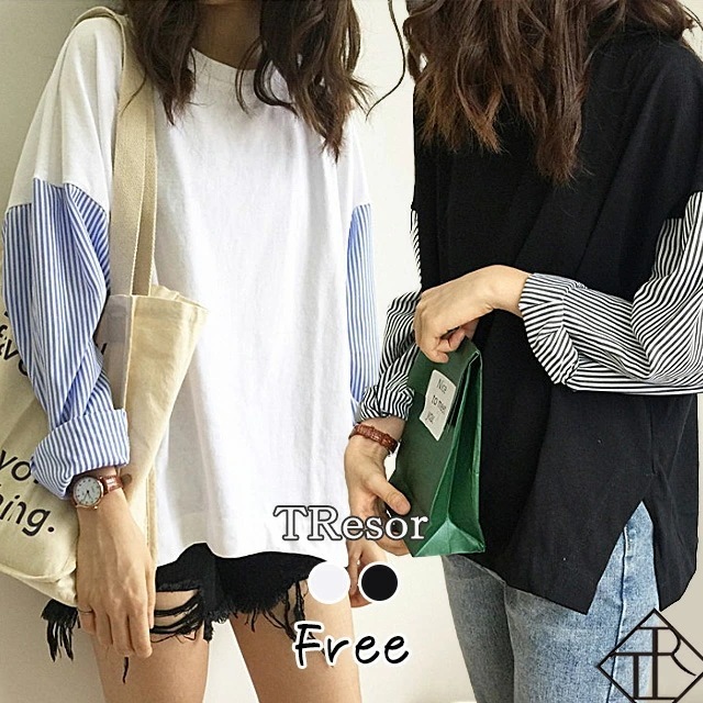 【即納】カットソー レディース 切り替えトップス 長袖 ロングＴシャツ ロンＴ 大きいサイズ ストライプ トップス 韓国デザイン カジュアル 大人可愛い 大人女子 ゆるい ふんわ