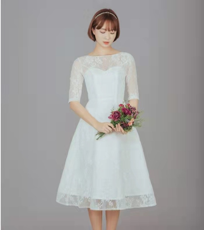 パーティ ドレス レース 結婚式フォーマルドレス ウエディングドレス 2次会 シンプル 白 ワンピース ミモレ丈安い 可愛い 袖あり40代 20代 50代 30代 春秋冬