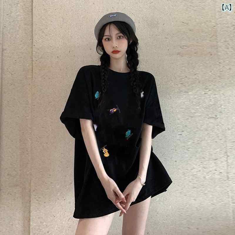 レディース　Tシャツ　半袖 重厚な 刺繍の 小さい 恐竜 大きめ サイズ レディース 半袖 Tシャツ mm 2025 夏 ミディアム ロング ブラック トップ