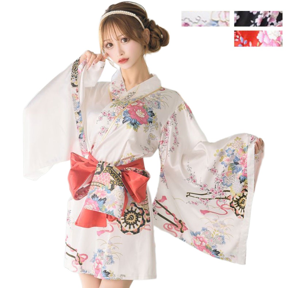 【3カラー/2点セット】和柄 花柄 美胸 バイカラー ミニ 豪華 帯 花魁 着物 ドレス コスプレ イベント ハロウィン キャバドレス [1206]