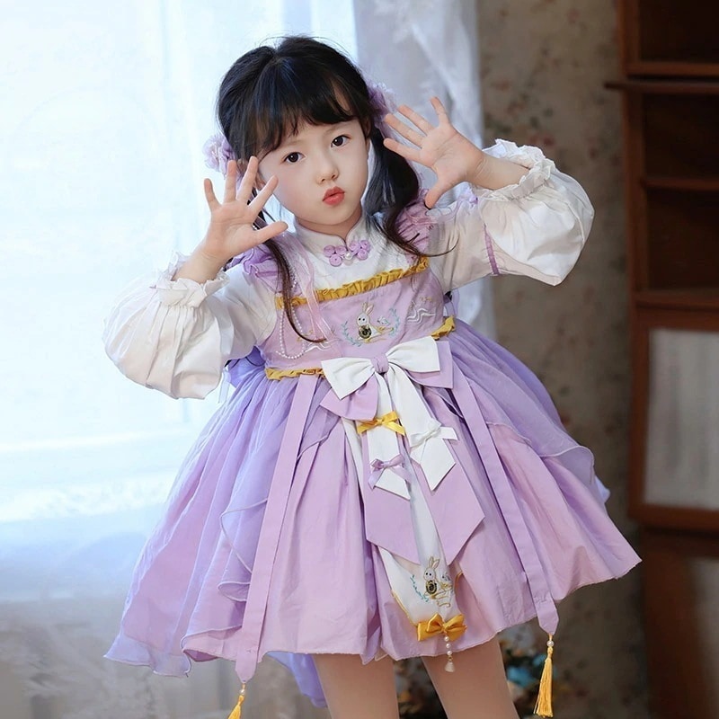 春新作 子供服女児ロリータ風中国風ワンピース 子供刺繍ふわふわスカート 発表会 七五三 卒園式 入学式