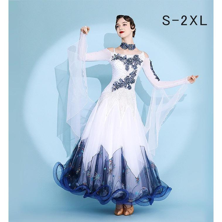 社交ダンス ドレス 社交ダンス衣装 ワンピース 長袖 広がる裾 花柄 レッスン着 発表会 競技着 練習着 演出用 スタンダード ワルツ ロング丈 ホワイト S-2XL