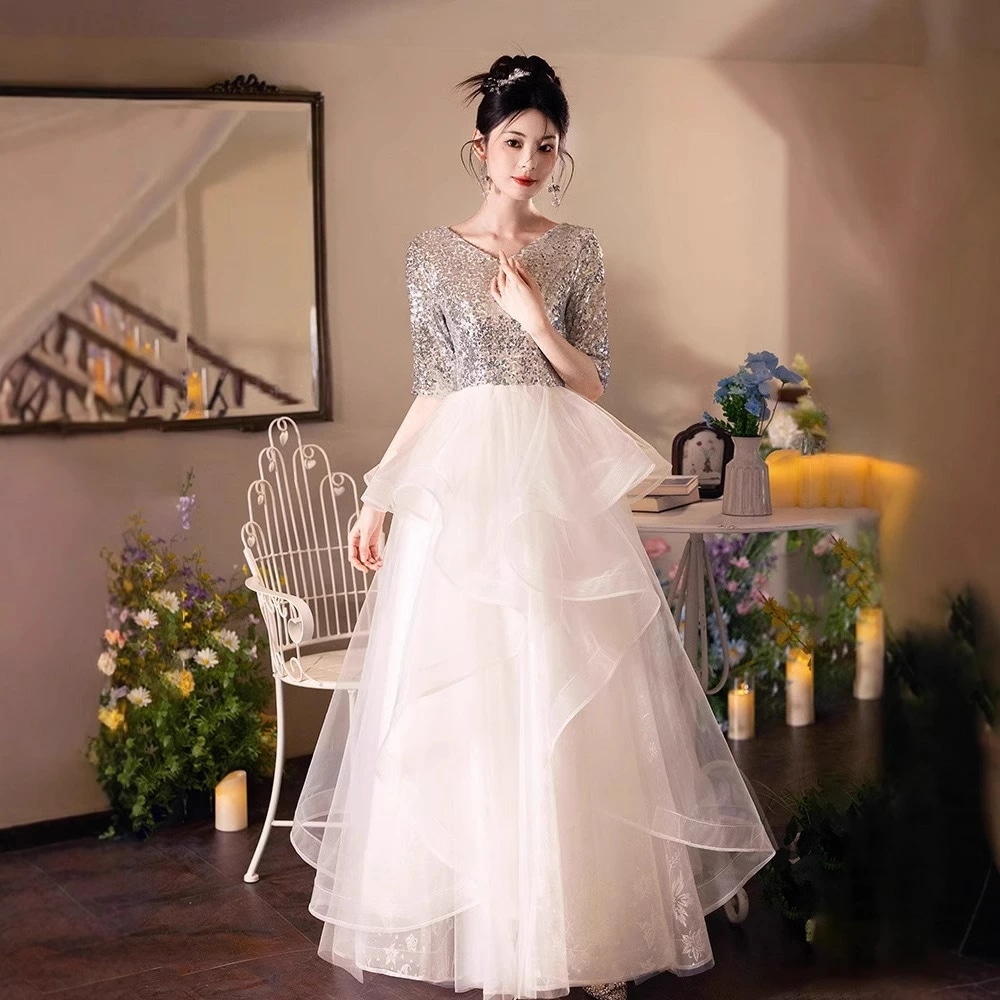 演奏会用ドレス パーティードレス イブニングドレス 発表会 同窓会 声楽 ピアノ ロングドレス Aライン 可愛い 個性的 中学生 高校生 半袖 大きいサイズ 体型カバー ステージドレス