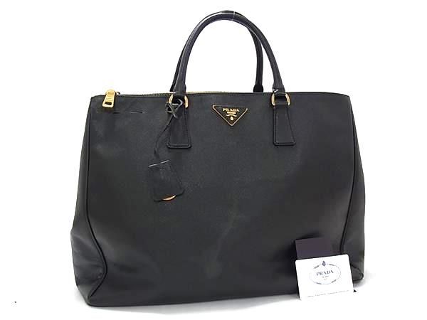 美品 PRADA プラダ トートバッグ ガレリア BN1802 ブラック サフィアーノレザー ユニセックス 三角プレート ゴールド金具【本物保証】