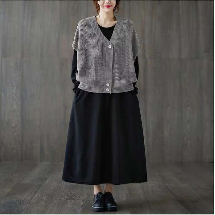 秋新作大きいサイズレディース2枚セットセットアップワンピースカーディガンロングシンプル長袖ベスト