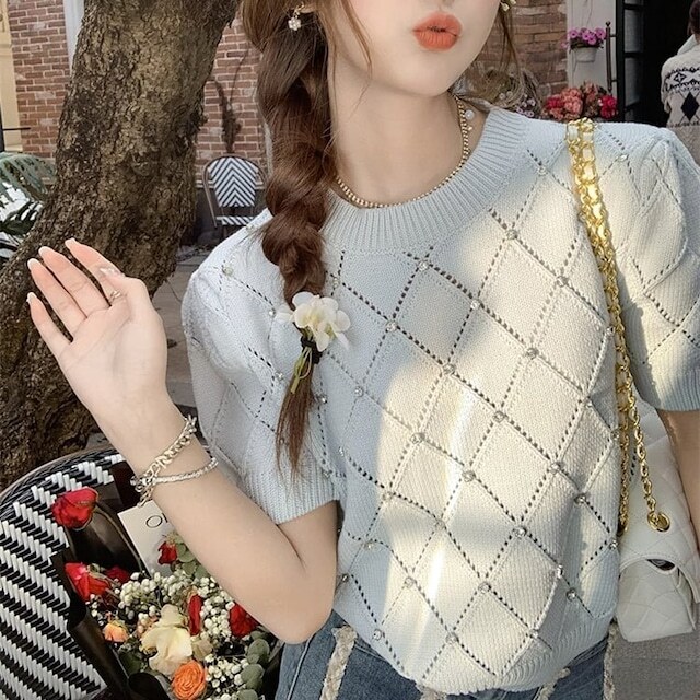 レディース 全3色 ストーン 半袖 ニットビジュー付き トップス ラインストーン ラウンドネック キラキラ 大人可愛い ママコーデ ママファッション 韓国系 オルチャン 人気 4,304円