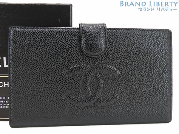 外超美品シャネルヴィンテージココマークキャビアスキン二つ折り長財布がま口財布ブラックグレインドカーフスキンA13498