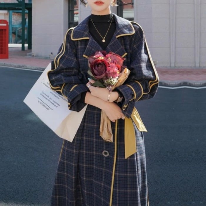 【 2020年 秋冬 パイピング ステッチ チェック コート 配色