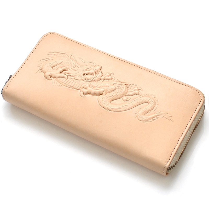 【新規OPEN】【期間限定セール】【激安】【新品未使用】ヌメ革　シャンタン生地　覚醒龍浮き出し加工　日本製　ラウンドロングウォレット　KR-103　ナチュラル