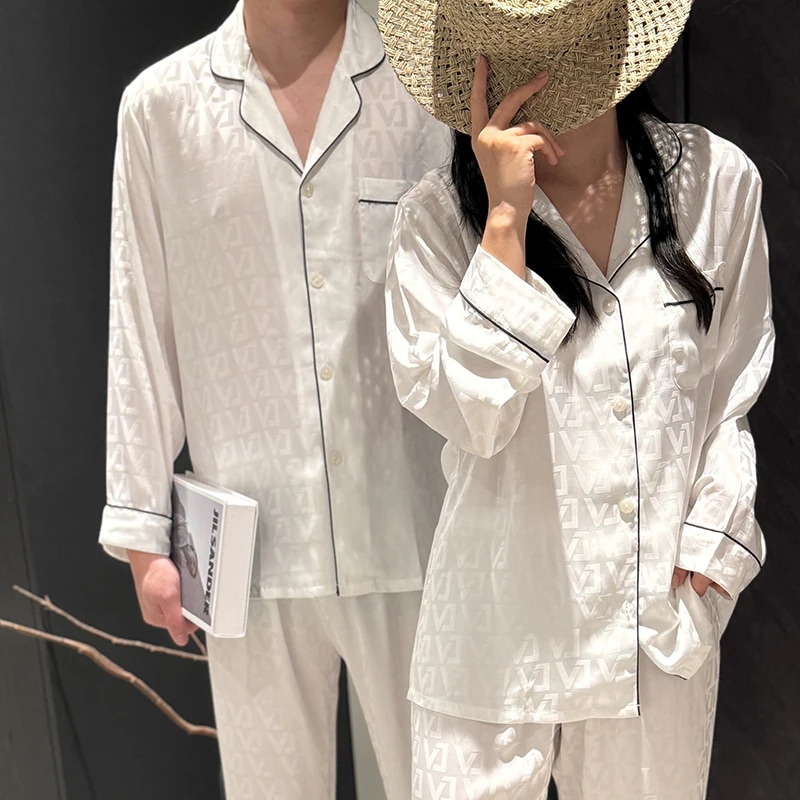 カップルのパジャマレディース春と秋薄手アイスシルク長袖パンツセットアウターとしても着用可能スタイリッシュなラペルホームウェア