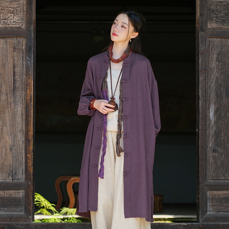25秋冬新作コットンリネン婦人服中国風ラミーサンドウォッシュボタンウィンドブレーカーレディースレトロ禅ロングコート