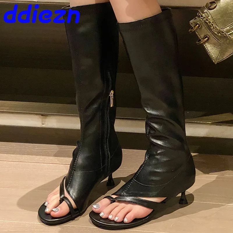 女性用ジッパー付き伸縮性ロングブーツ オープントゥシューズ ストレッチ ローヒールサンダル レディースファッション ニーハイ レディース