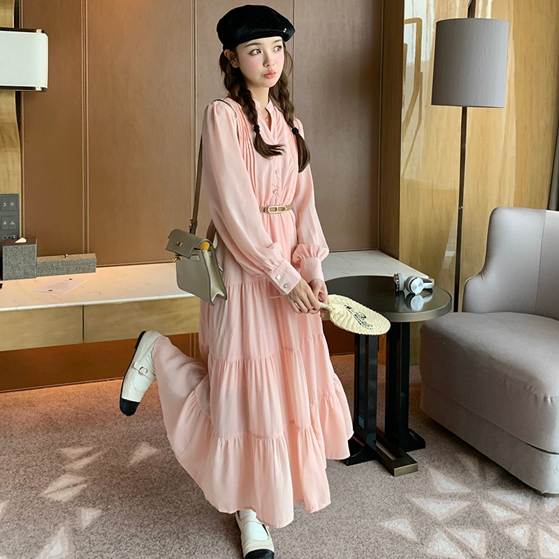 ワンピース ロングワンピース フレアワンピース 長袖 ハイネック ハーフボタン ウエストベルト フレア ロング丈 かわいい 大人可愛い きれいめ シンプル 上品 おしゃれ 大人女子 レトロ きちんと 9,533円