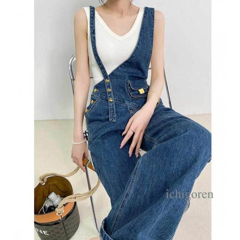 デニムサロペット ワイドパンツ ジーパン ジーンズ サロペット レディース 韓国ファッション アシンメトリー ワンショル 華奢 かわいい ゆったり 春 秋