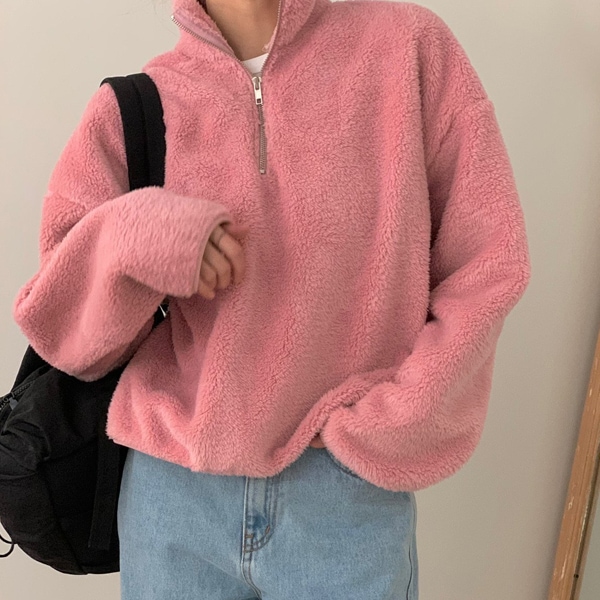 韓国ファッション フリース ルーズフィット ファスナーカラー 半ジップアップ マンツーマンTシャツ 5,298円