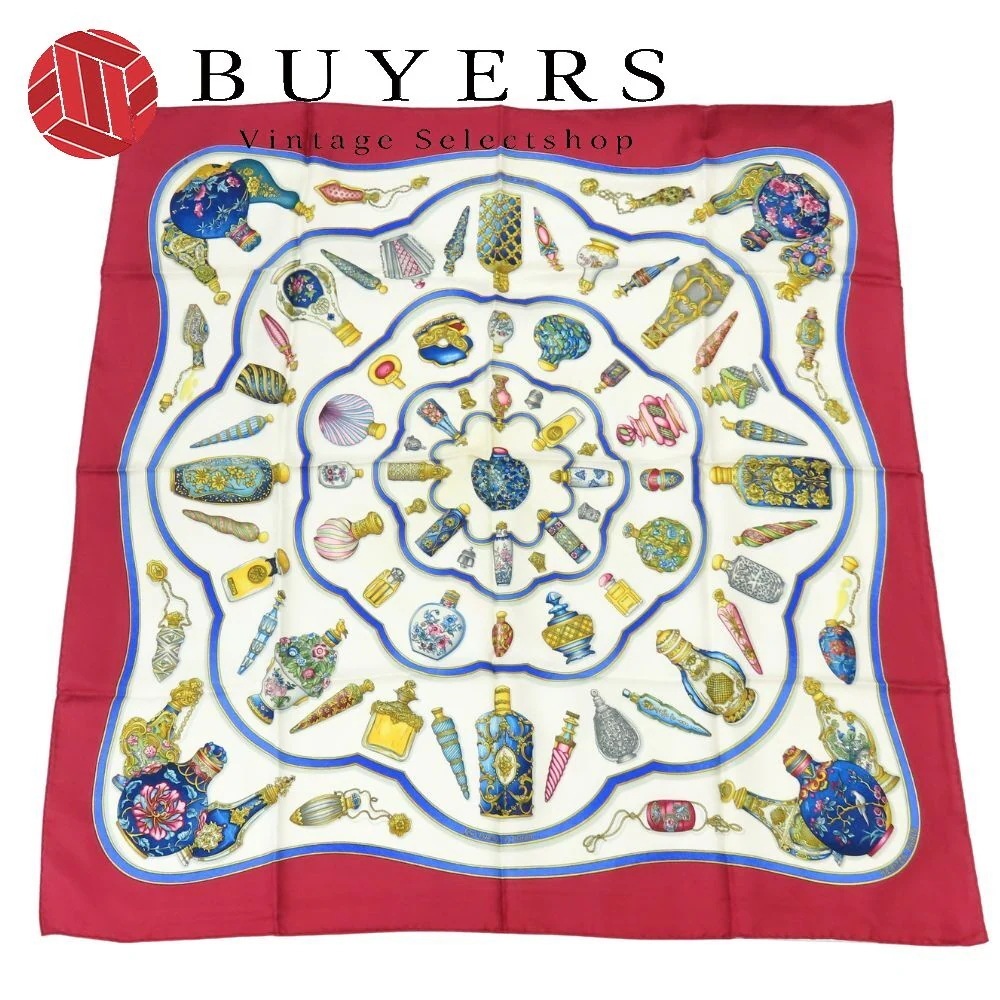 中古 スカーフ カレ90 Qu importe le flacon 香水瓶 シルク ホワイト ボルドー マルチカラー 小物 レディース 女性