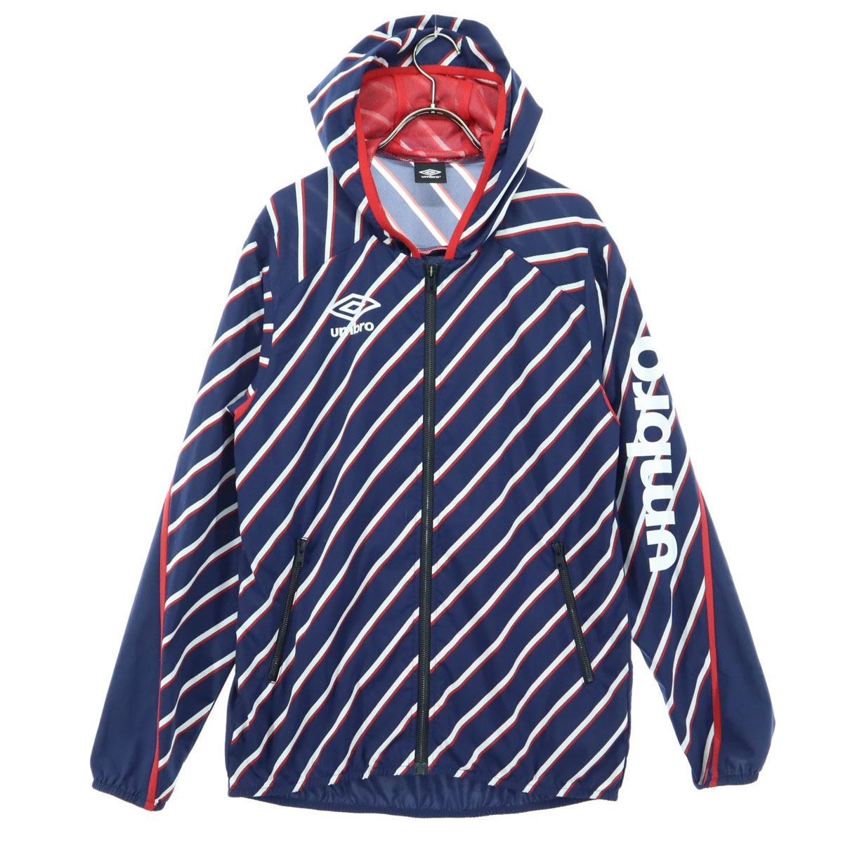 美品 UCS4441L ボーダー 長袖 フード付き ウインドブレーカー M ネイビー×レッド×ホワイト レディース 古着