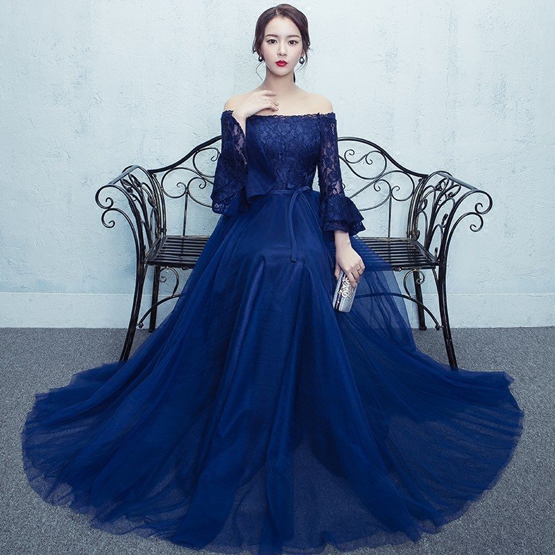 カラードレス 青 格安 イブニングドレス 長袖 ロング パーティードレス 演奏会 フォーマルドレス 結婚式 二次会 ブライズメイドドレス 披露宴 サッシュリボン