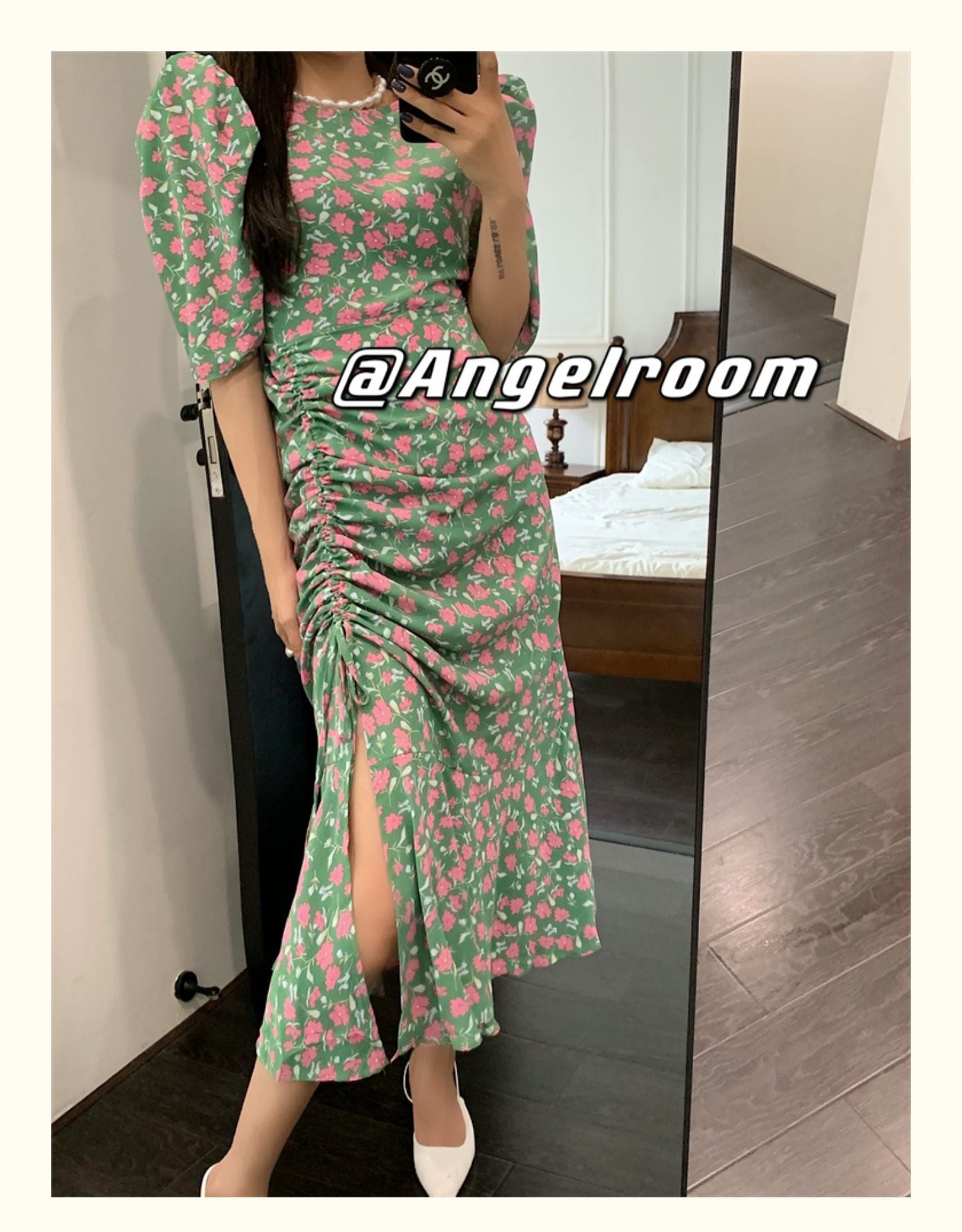 フローラルワンピース 花柄 半袖 ワンピース ドレス シャーリング シフォン ラウンドネック Aラインワンピース ハイウエスト フレンチ スリット レディース 可愛い 韓国 a4365